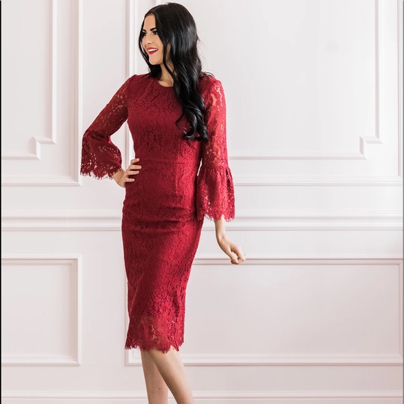 Rachel Parcell Dresses & Skirts - MIDI Lace Red Bell Sleeve Dress